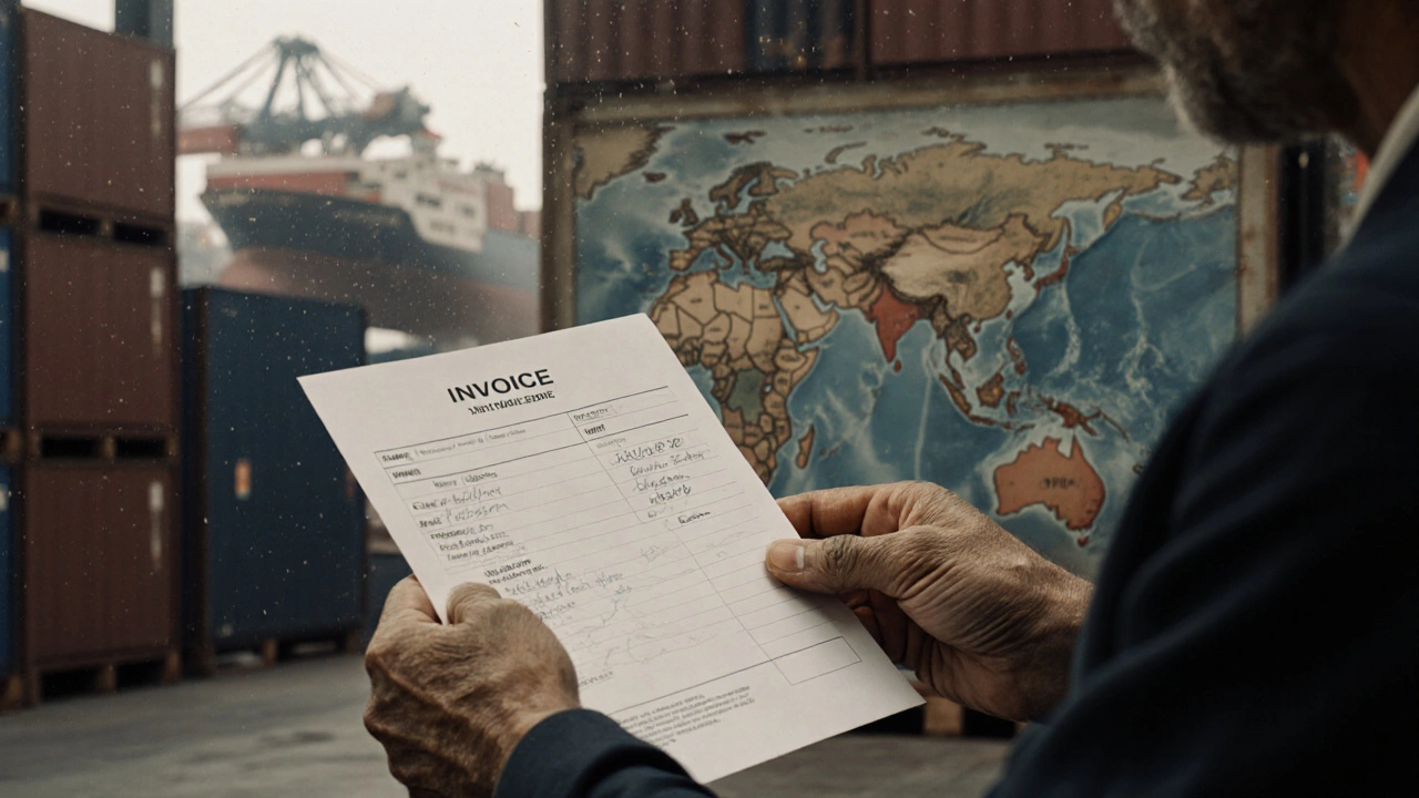 Hands carefully verifying shipping paperwork in a busy warehouse under bright lights.