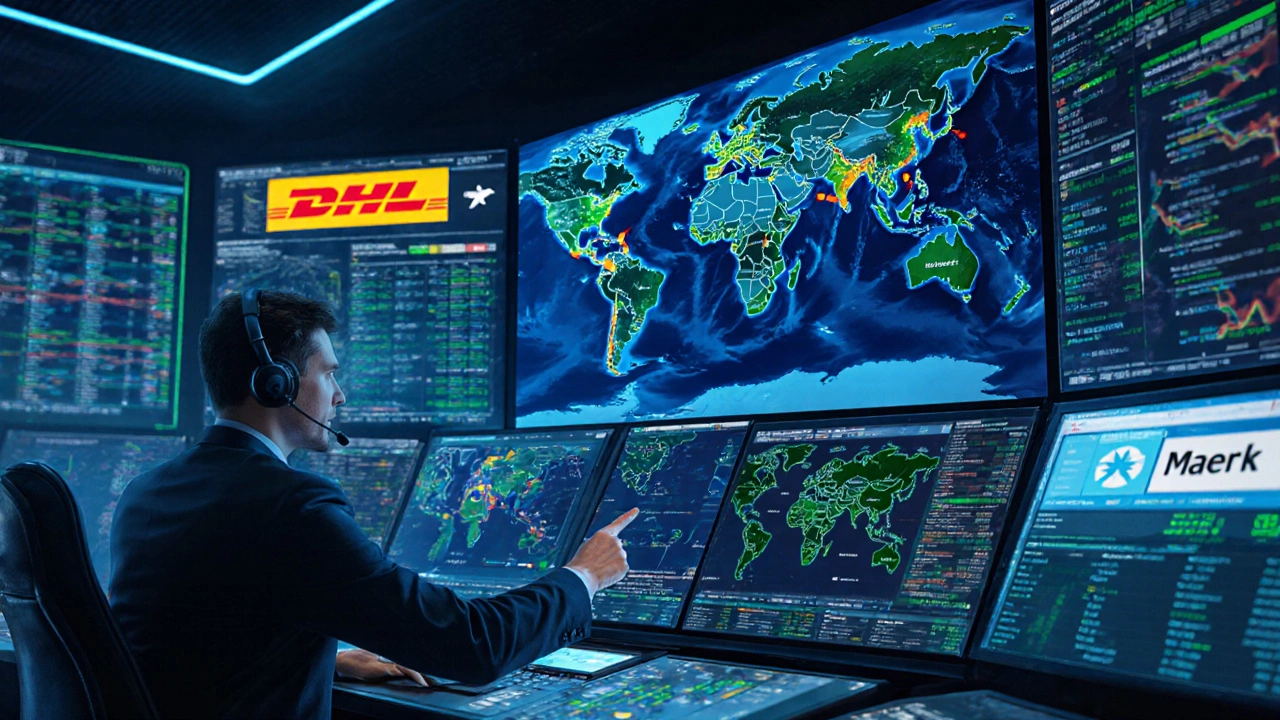Logistics planner monitoring global shipping routes on digital dashboards in a high-tech control room.