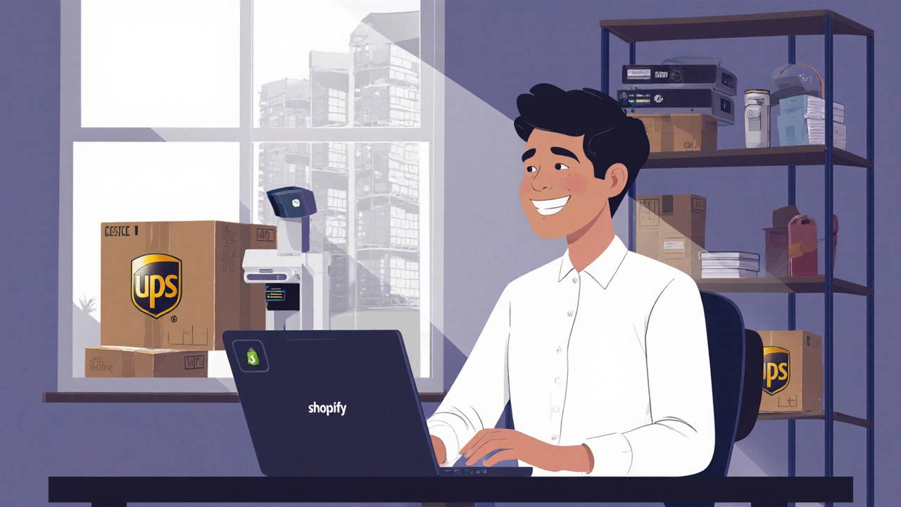 Small business owner managing Shopify orders from home office.