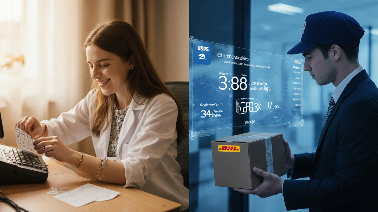Split scene: home seller using USPS with savings calculator, business professional sending medical goods via DHL with tracking dashboard.