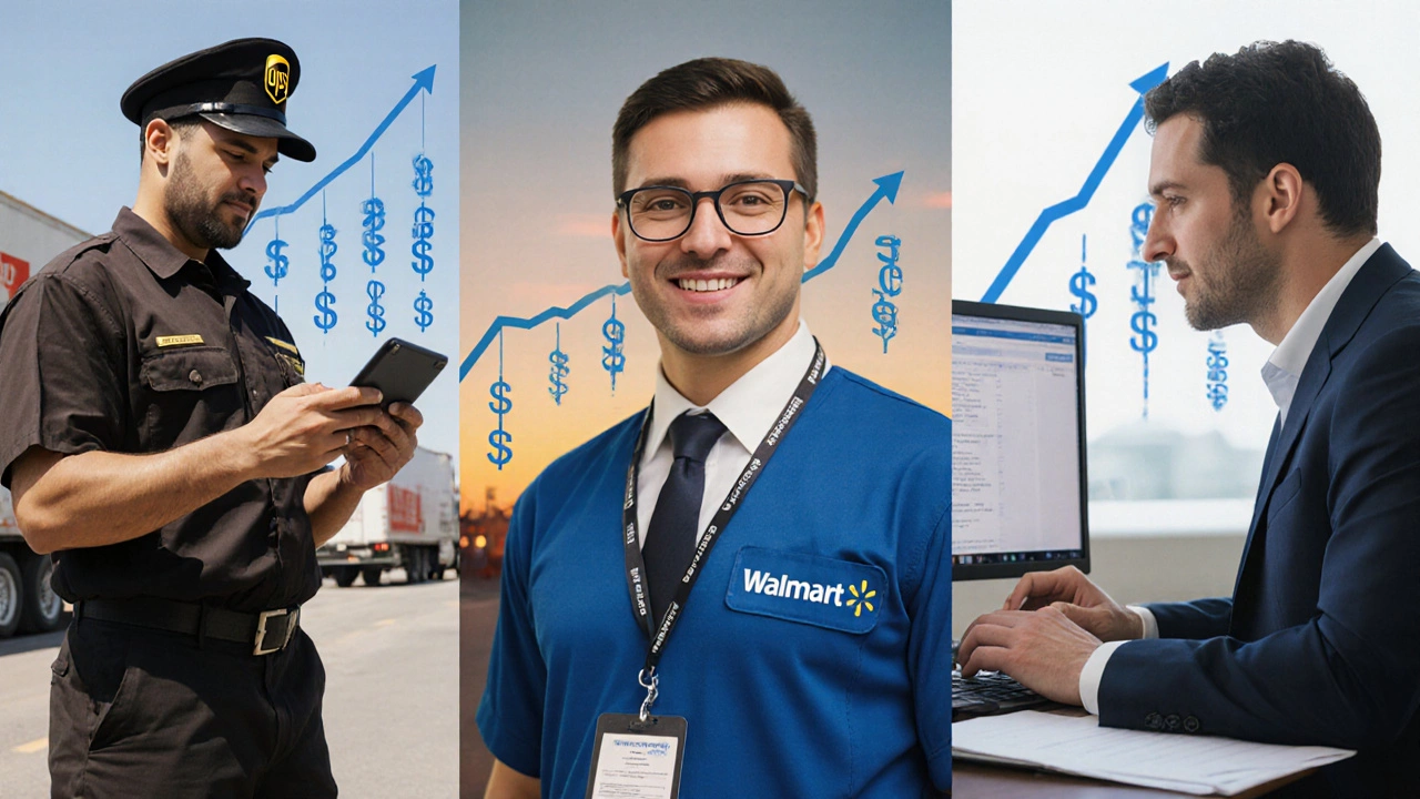 Three logistics professionals representing different career paths: driver, supervisor, and broker, with salary growth implied.