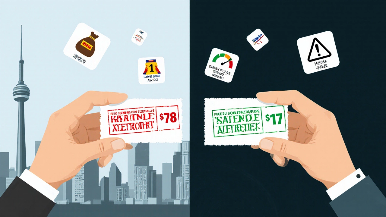 Two shipping labels side by side: one expensive DHL, one cheap Shippo Canada Post option with fee icons between them.