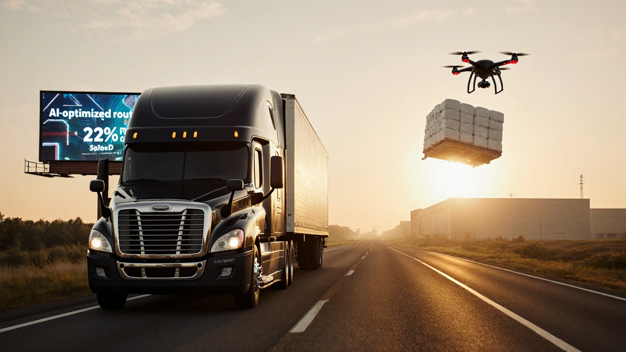 Used truck on highway at sunrise with drone delivery overhead and AI route billboard in distance.