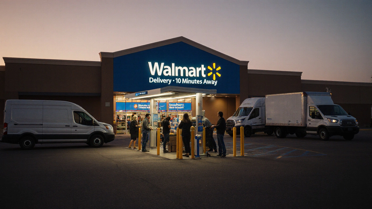 Walmart customer picking up online order at store pickup station at dusk.