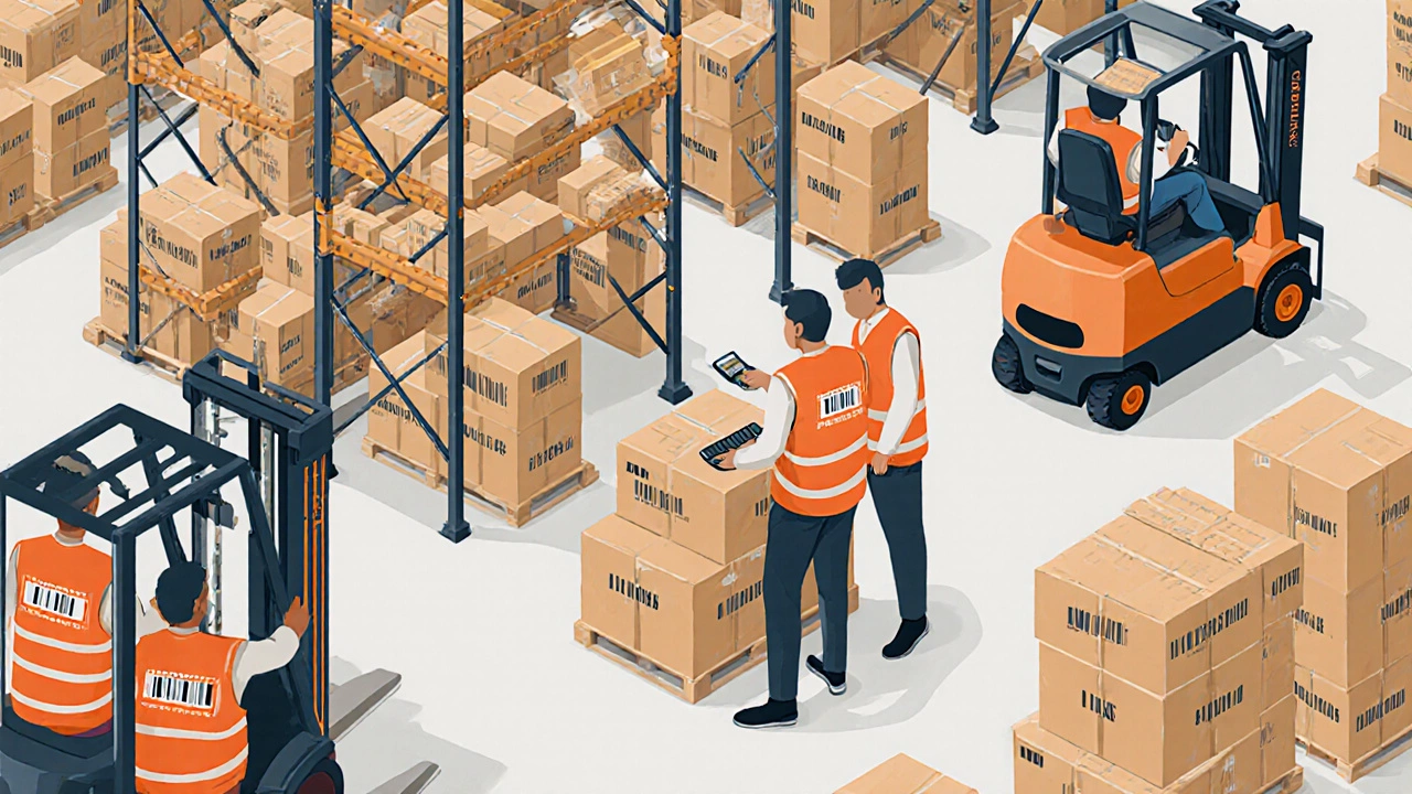 Warehouse workers packing and scanning e-commerce orders in a busy fulfillment center.