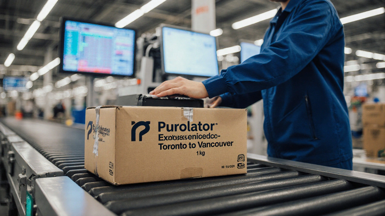 Worker scanning a Purolator Express package in a logistics center.