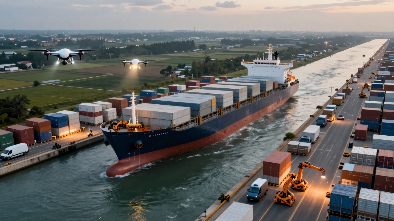A blocked cargo ship with alternative logistics solutions like drones, electric vans, and robots in action.