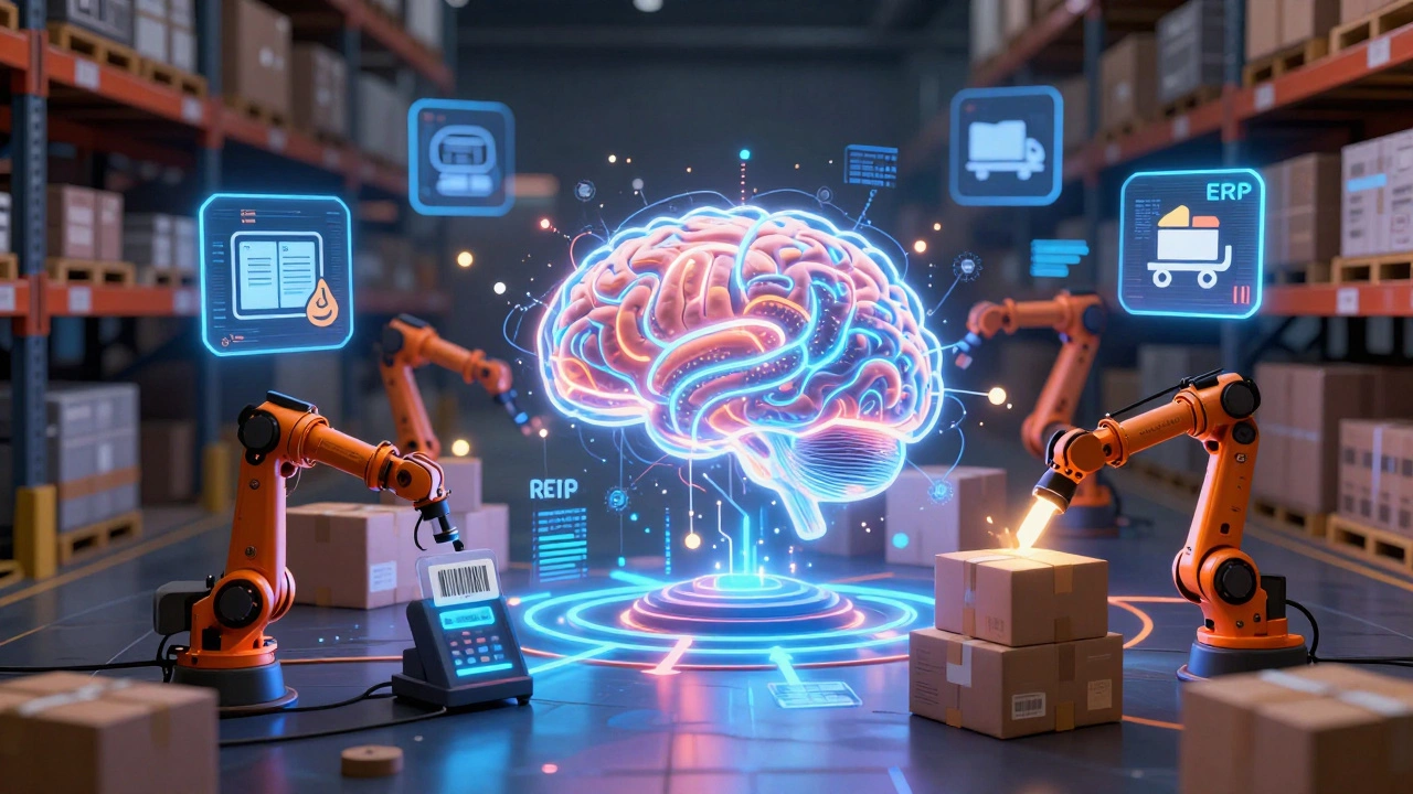 A glowing neural network connects warehouse technology like scanners, robots, and shipping icons in a futuristic cyberpunk style.