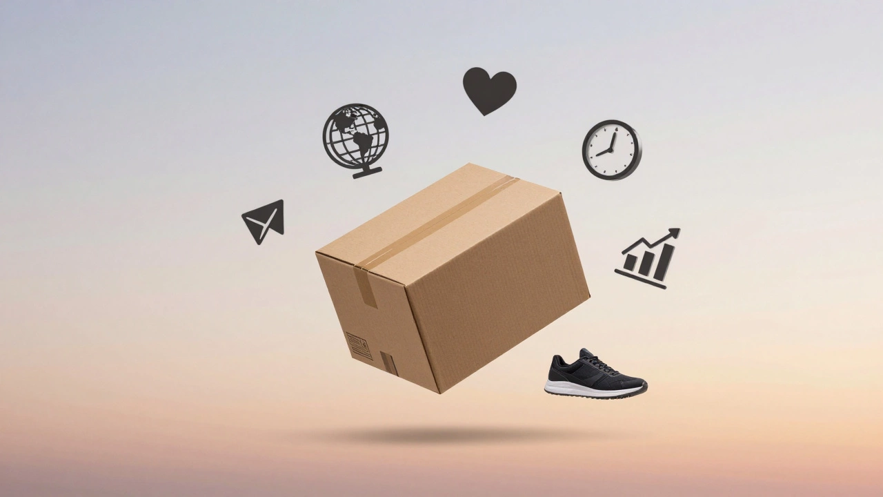 A shipping box floats with icons representing global reach, loyalty, and convenience.