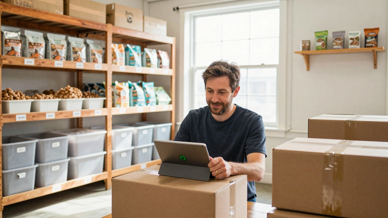 A small business owner confirming an online order in a garage warehouse filled with labeled shelves and packed boxes.