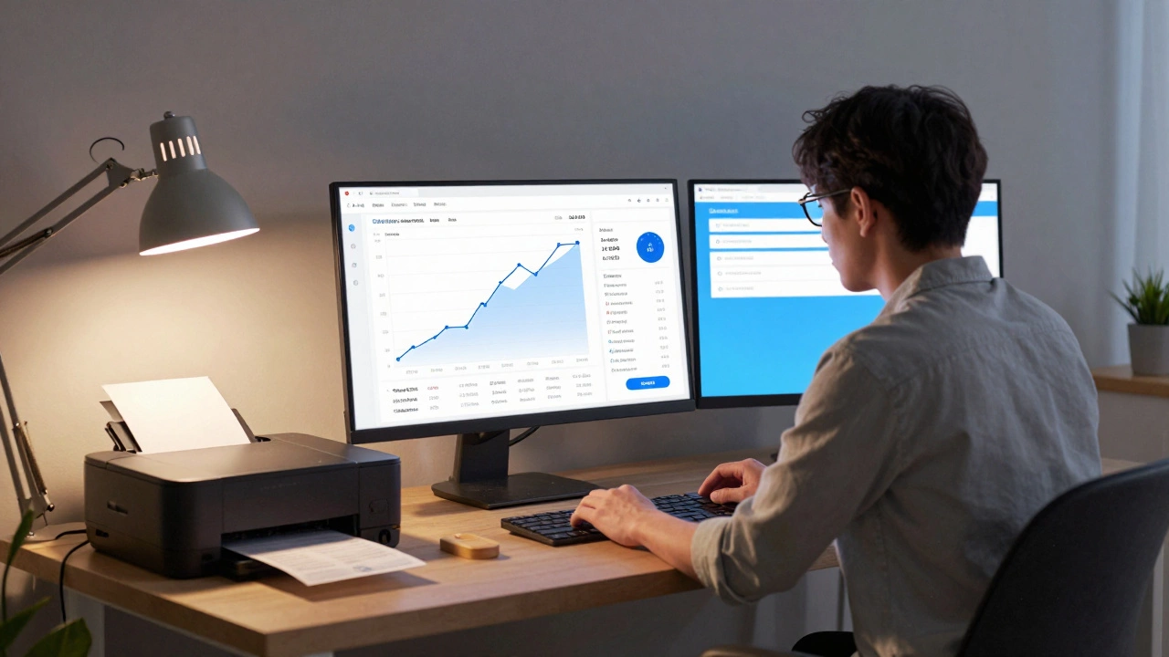 A small business owner works with digital analytics and automated shipping tools.