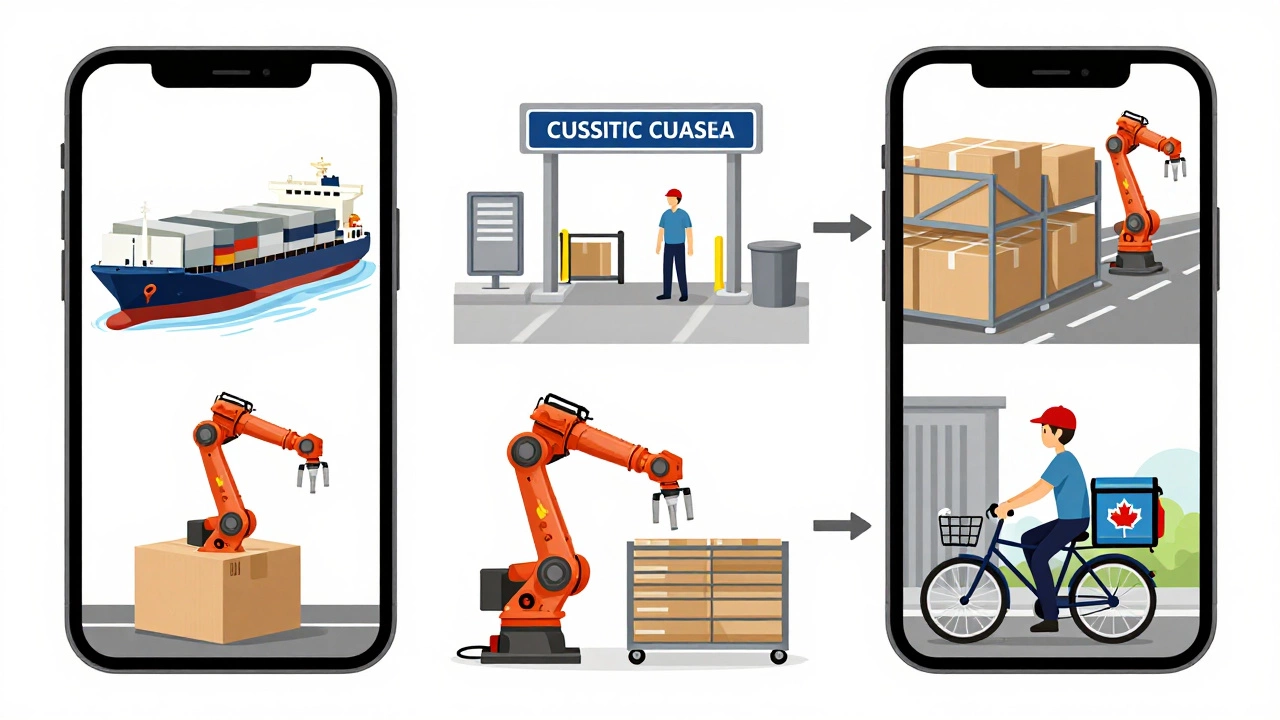 A smartphone&#039;s journey from factory to doorstep through shipping, customs, warehousing, and delivery.
