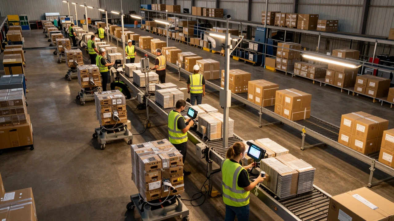 Automated fulfillment center with robots and workers processing online orders.