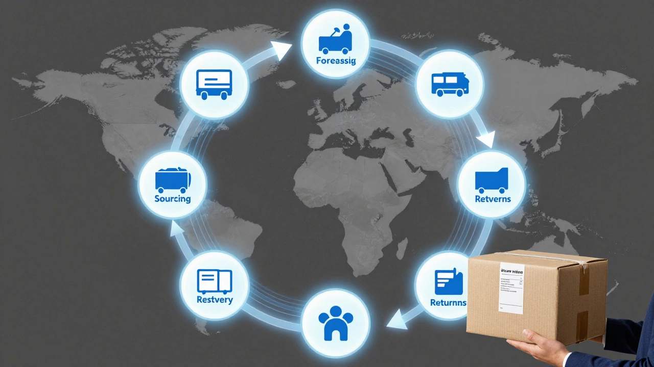 Circular e-commerce supply chain showing all seven stages connected globally.