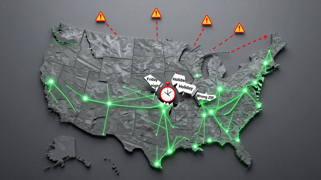 Conceptual map showing overnight delivery routes in green and delays in red across rural and remote U.S. areas.
