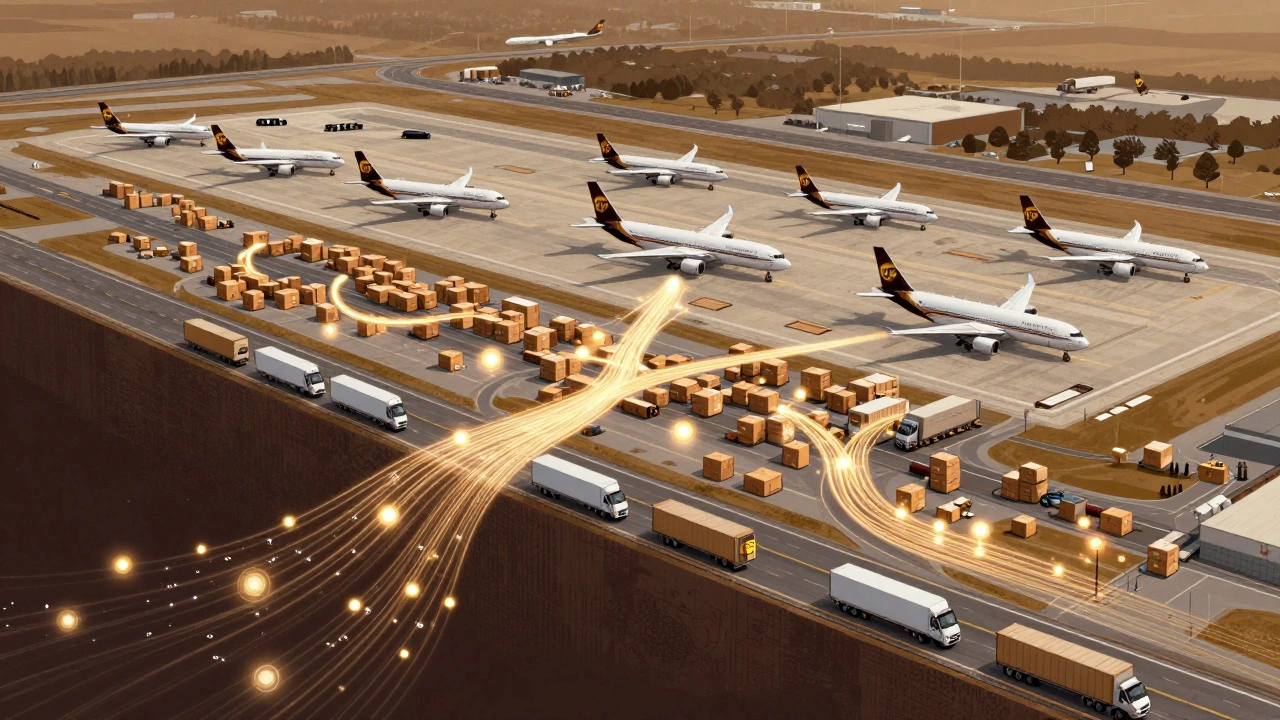 Cross-section illustration of UPS's air, ground, and data networks connecting delivery points across the U.S.