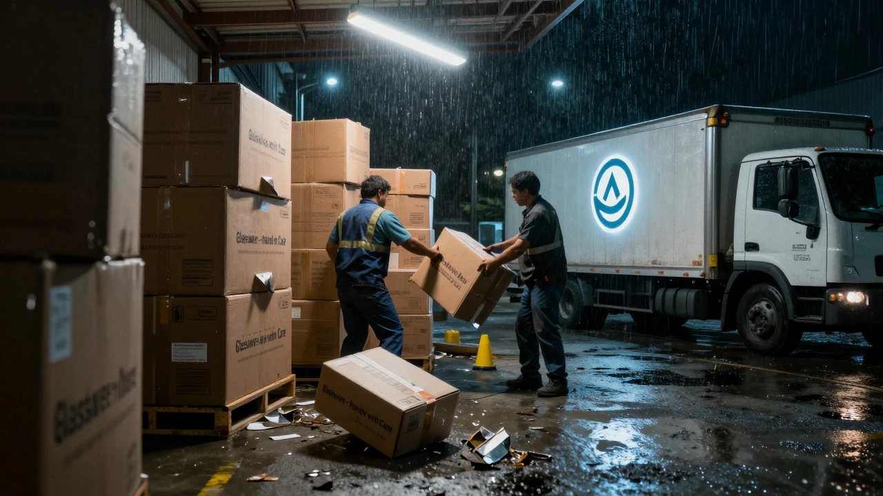 Crushed fragile package on a warehouse floor amid stacked boxes and harsh lighting.