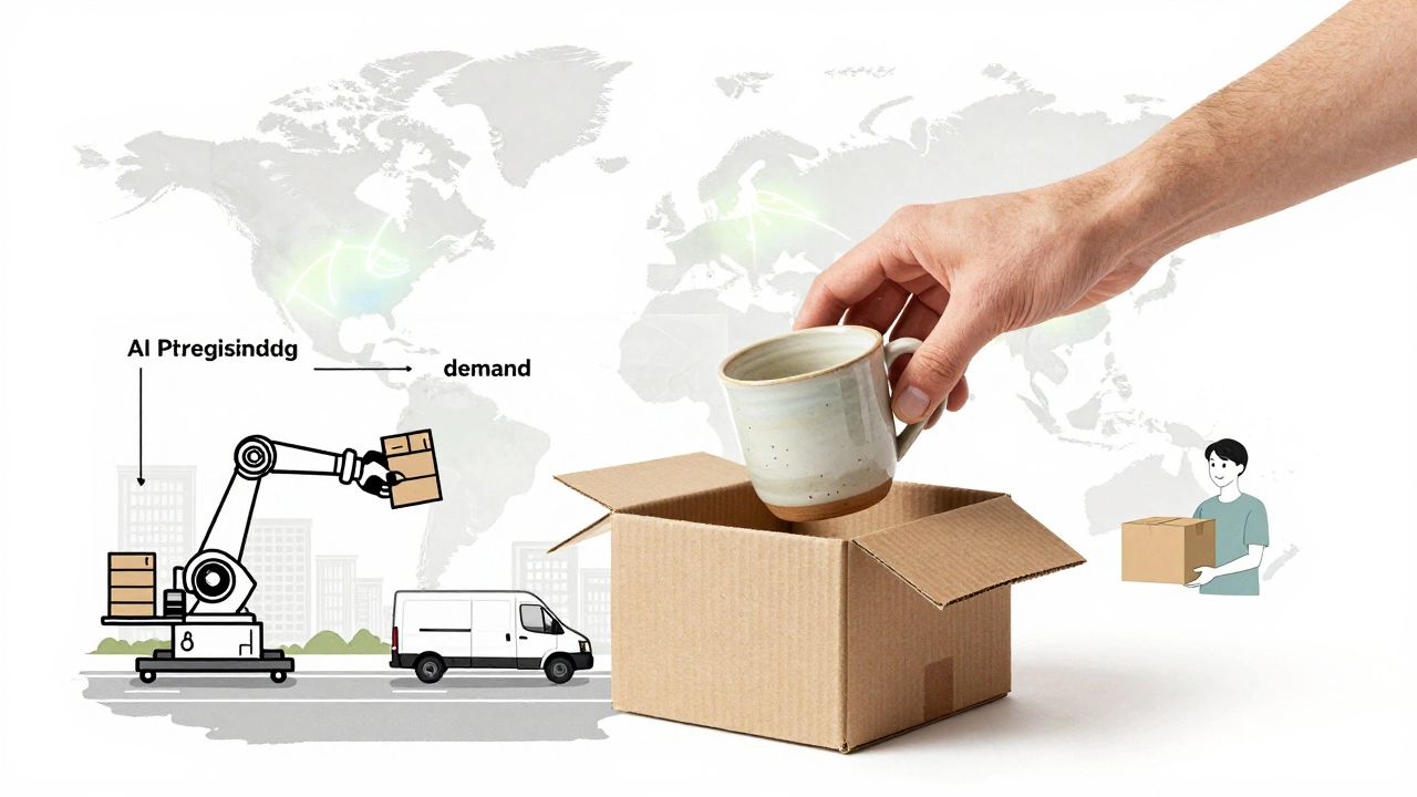 Hand packing a ceramic mug with invisible logistics network overlaid in soft colors.