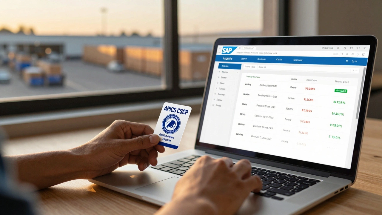 Hands holding CSCP certification and working with SAP logistics software on a laptop
