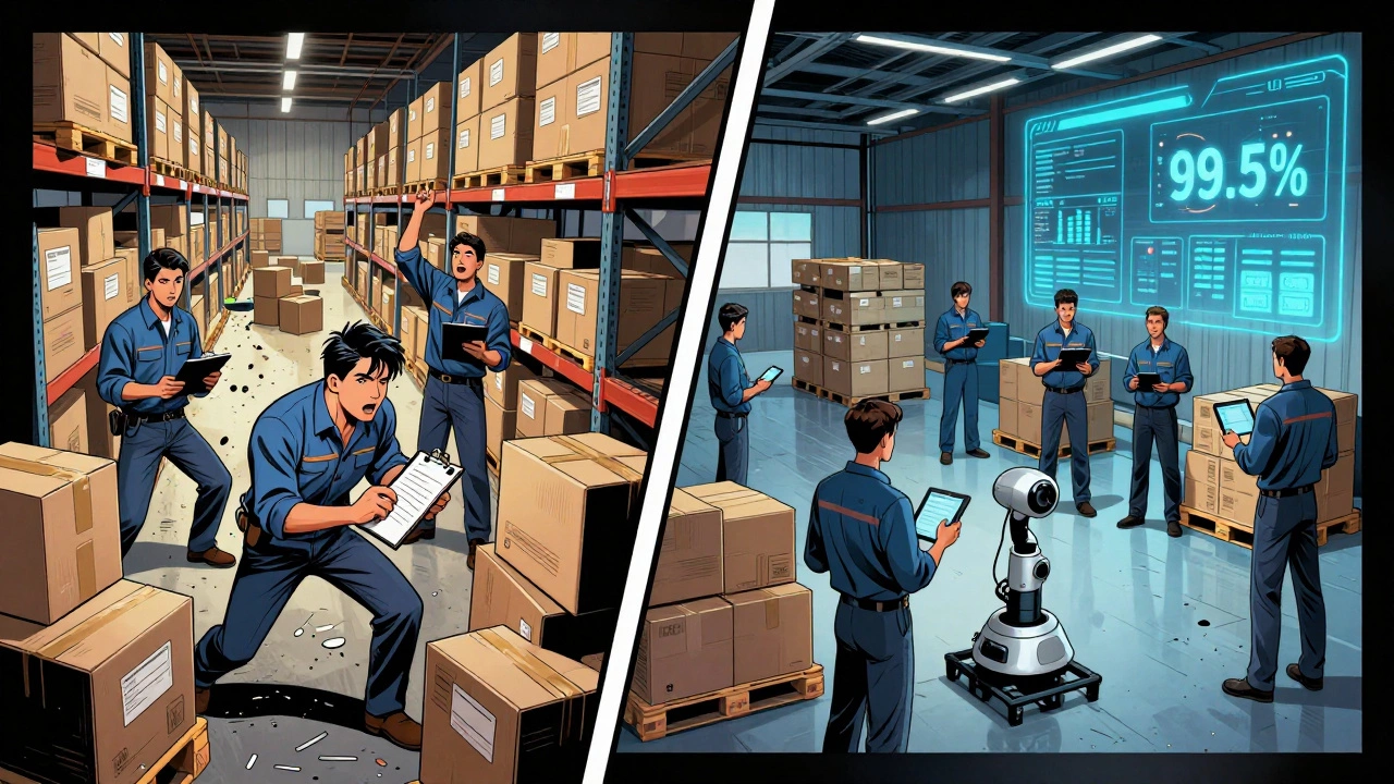 Split image: chaotic warehouse with clipboards vs. efficient warehouse with digital tools and robots.