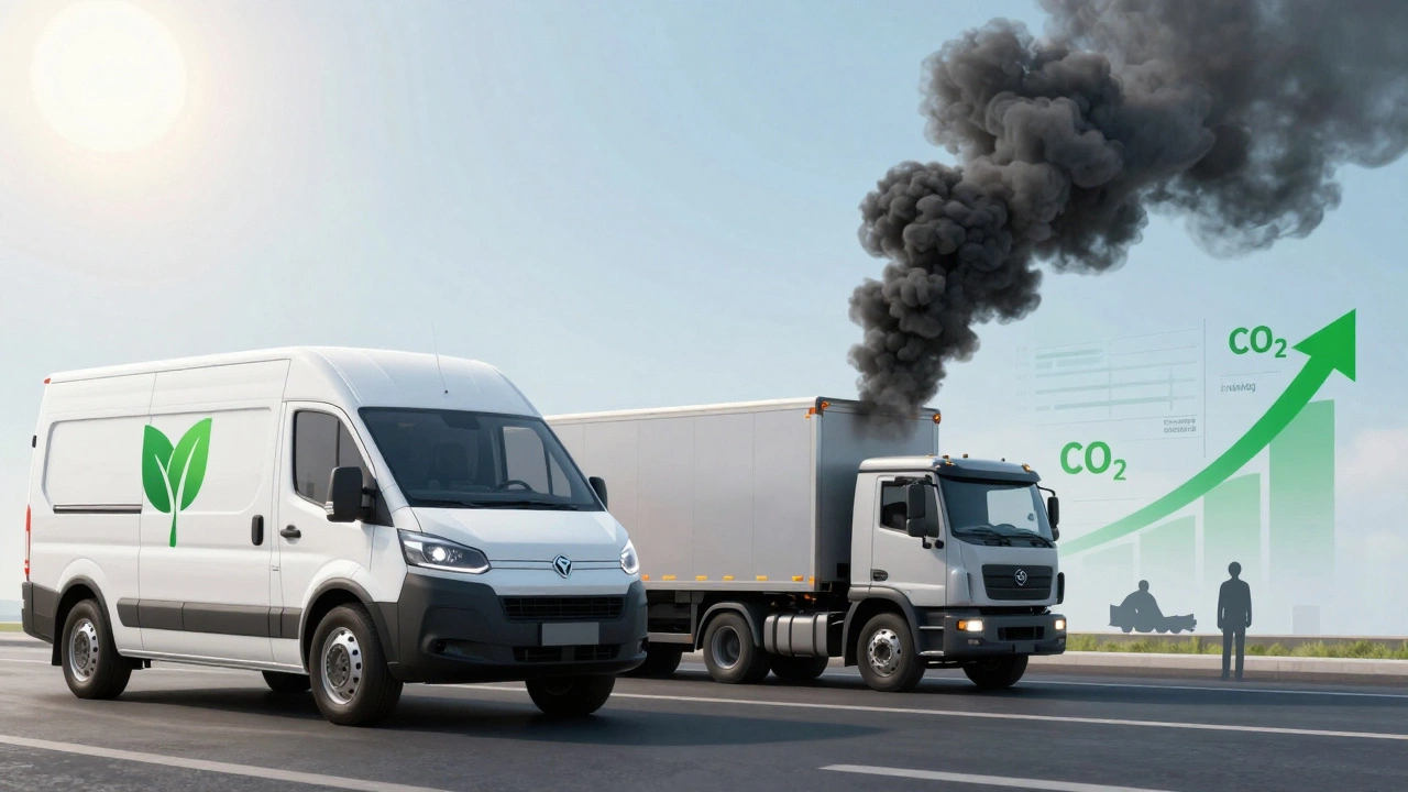 Split image: clean electric van vs. polluting truck with emissions and fees rising.