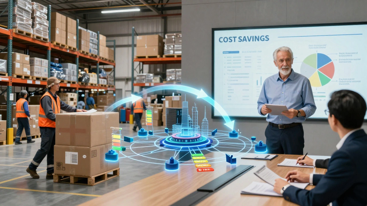 Split scene: warehouse workers and executive presenting supply chain optimization strategy