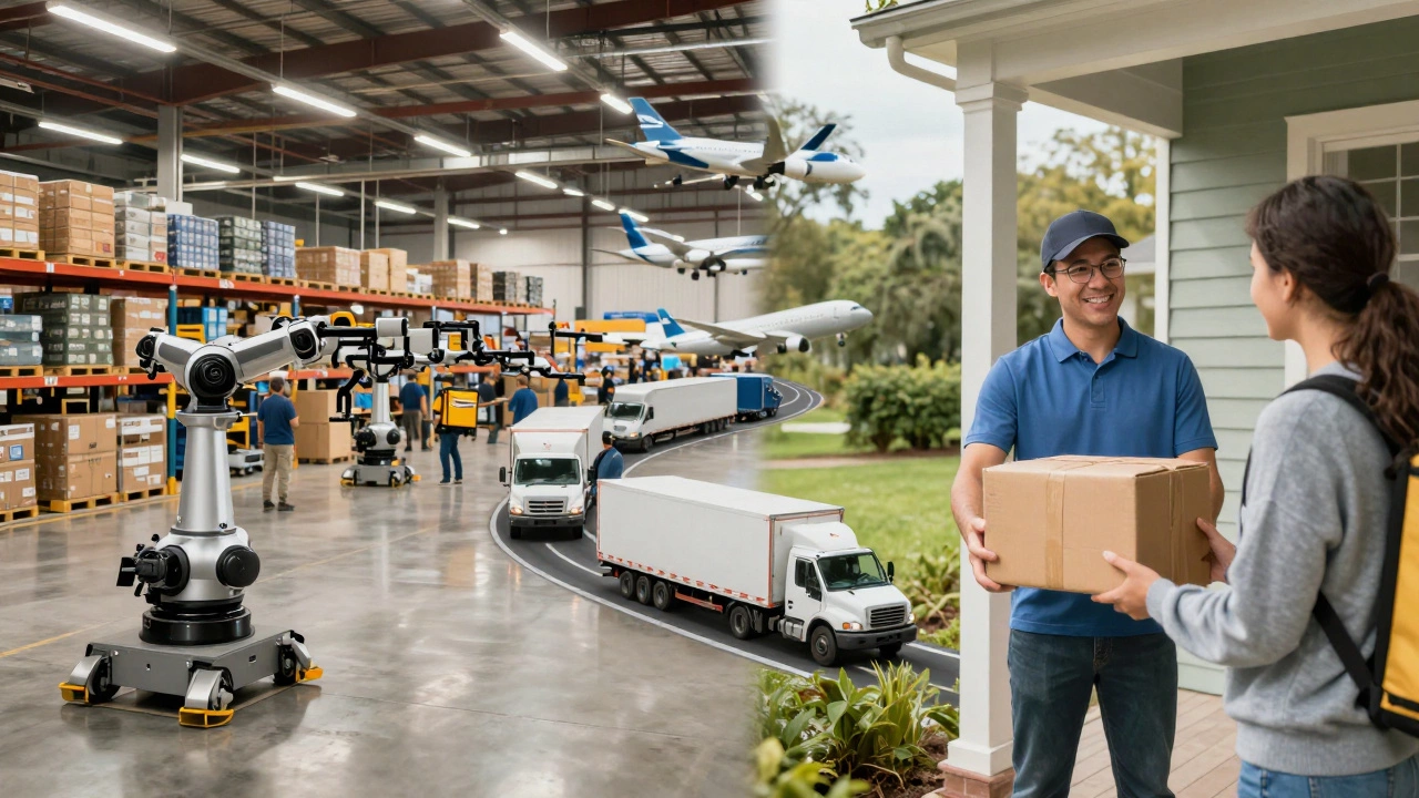 Split view: Amazon fulfillment center on left, delivery driver on right, connected by shipping routes.