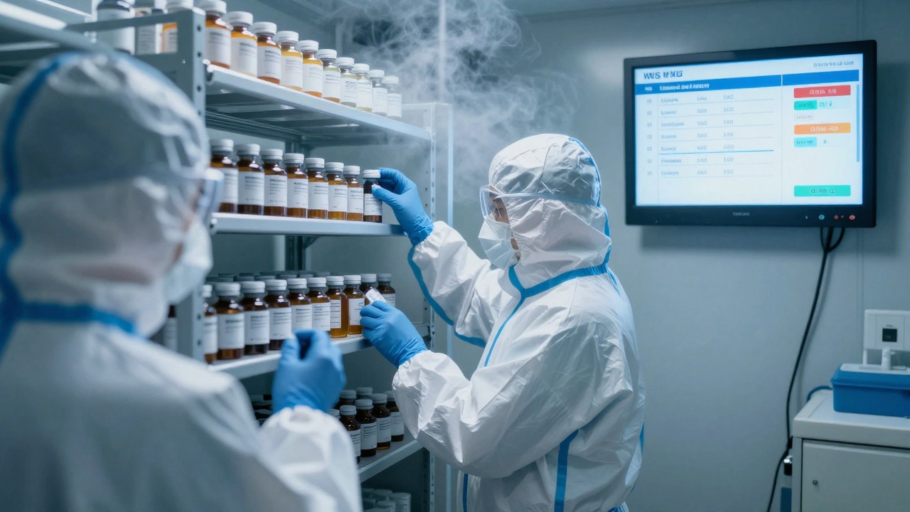 Technicians retrieving medical vials from a cold-storage rack with a digital monitor showing expiration alerts.