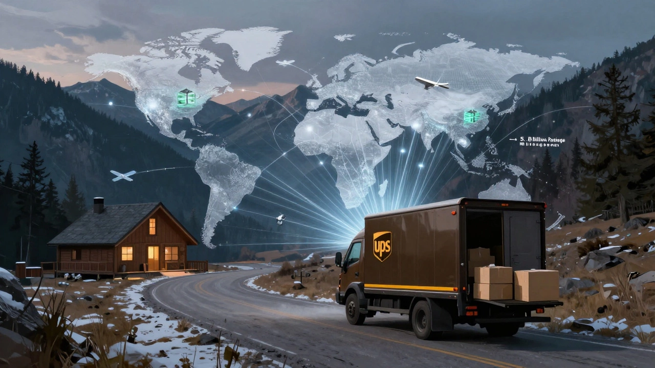 UPS driver delivering to a remote cabin with transparent overlays showing the global logistics system.