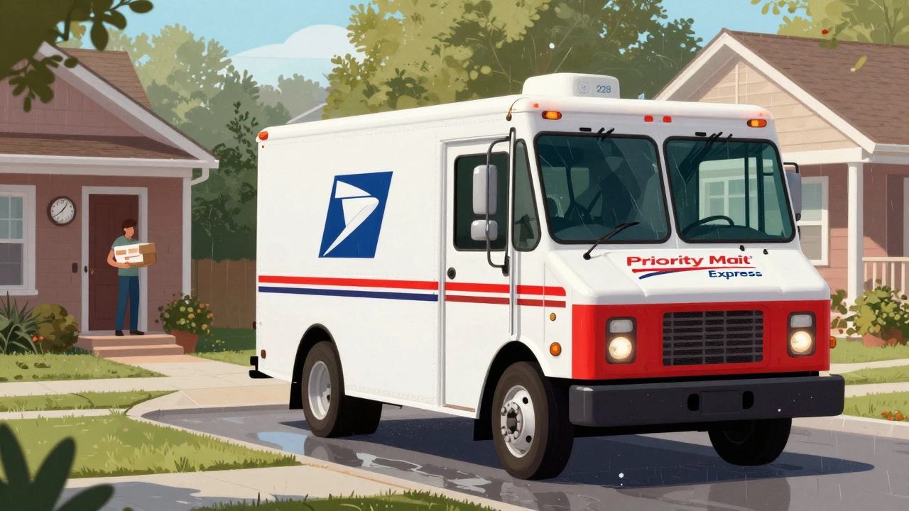 USPS delivery truck handing a Priority Mail Express package to a homeowner at 10:28 a.m. with a clock nearby.