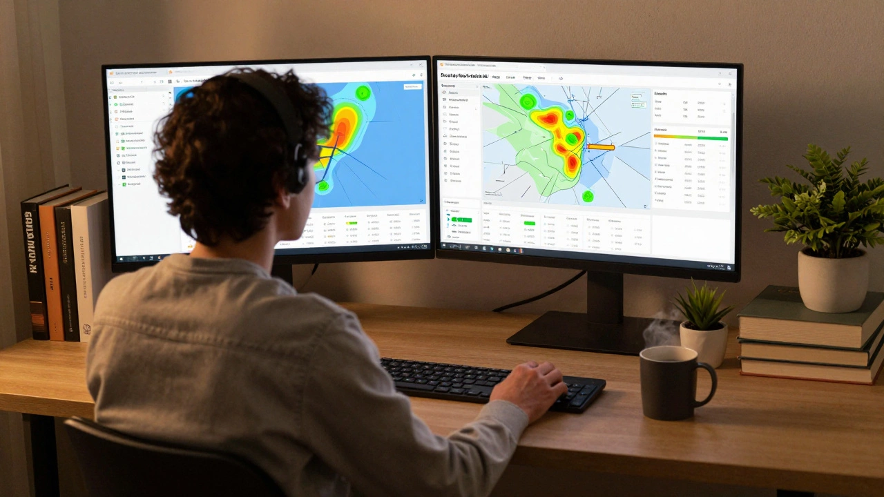 A person analyzing logistics data on dual monitors in a peaceful home office.
