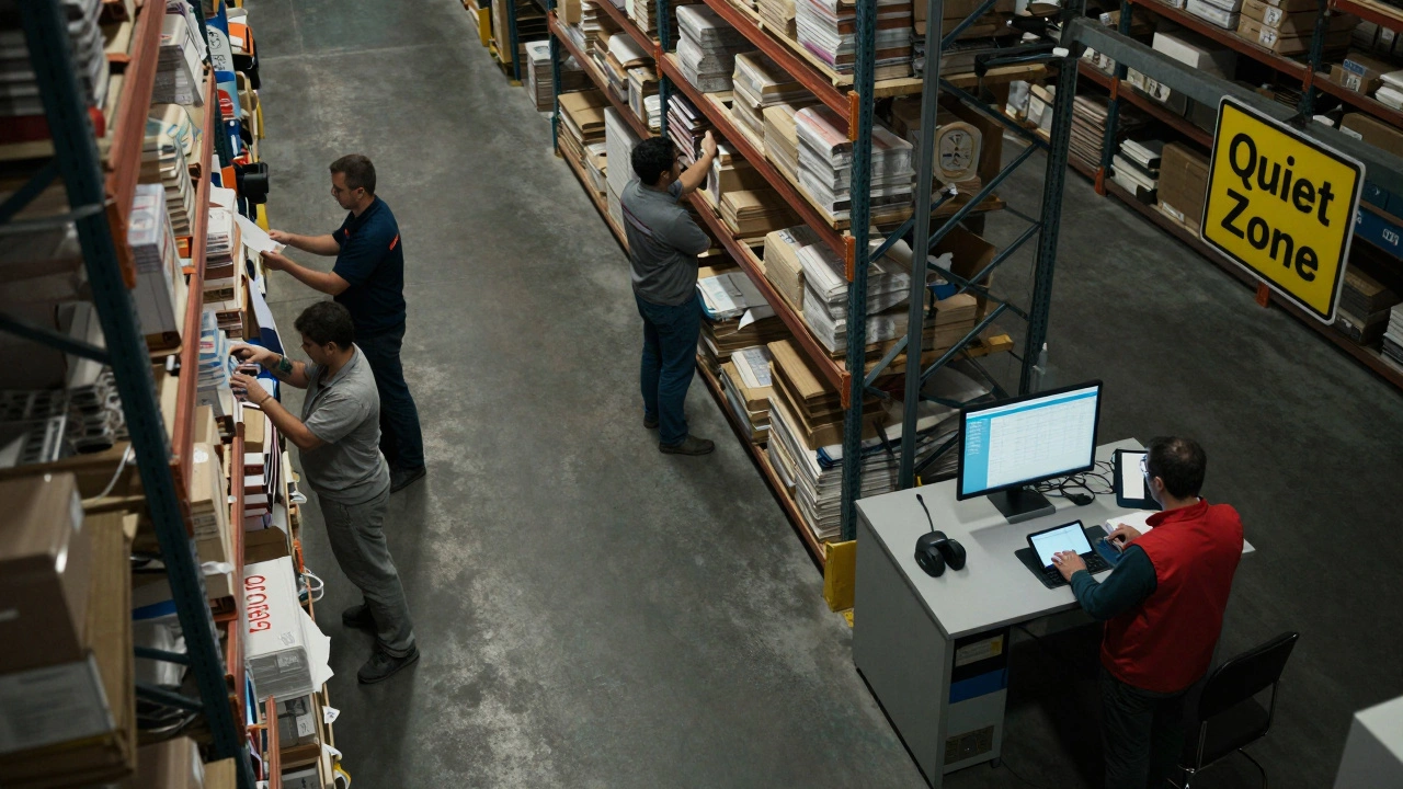 A solitary worker conducting an audit in a quiet zone of a busy warehouse.