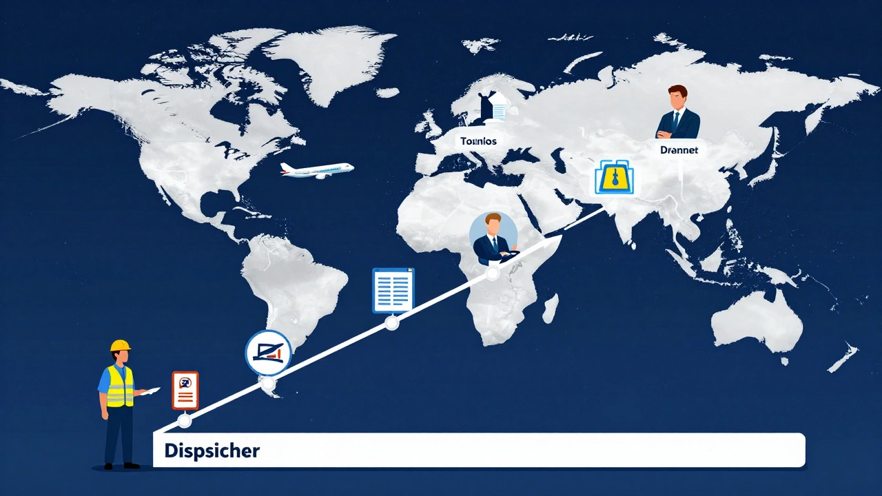 Career progression ladder in logistics from warehouse worker to supply chain director with global shipping routes.