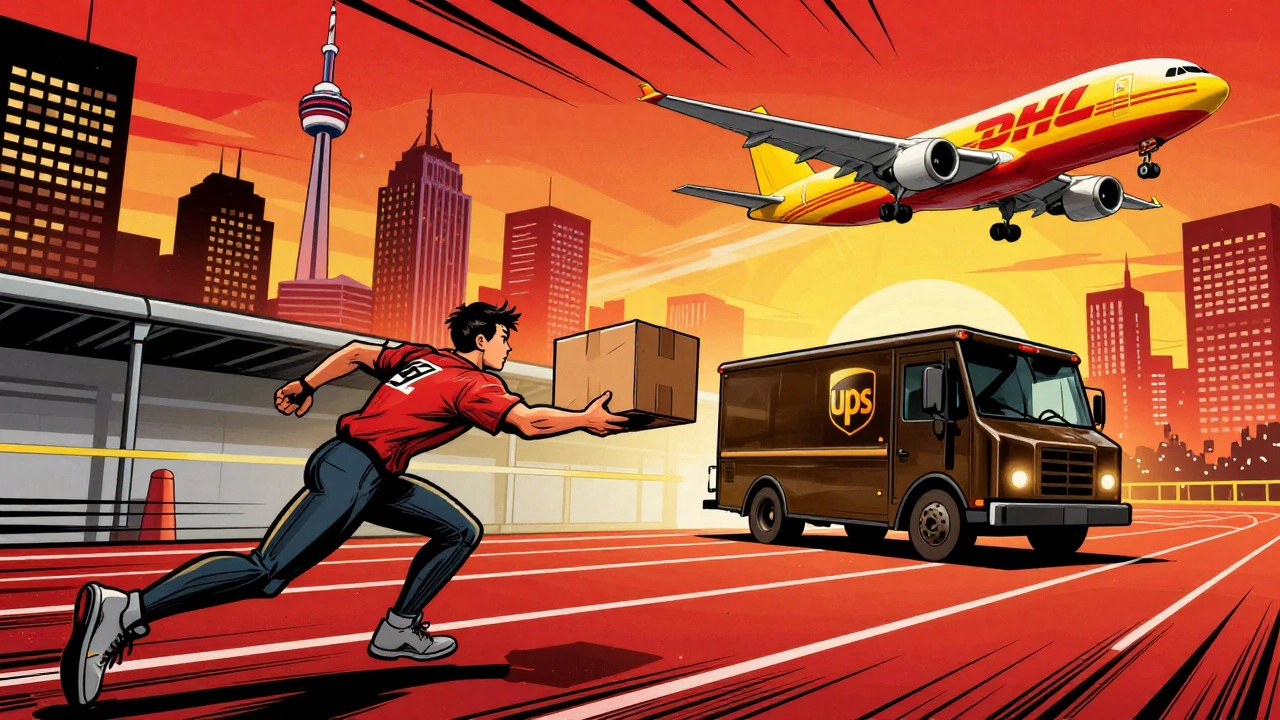 Comic-style relay race of packages between drones, trucks, and planes across global cities