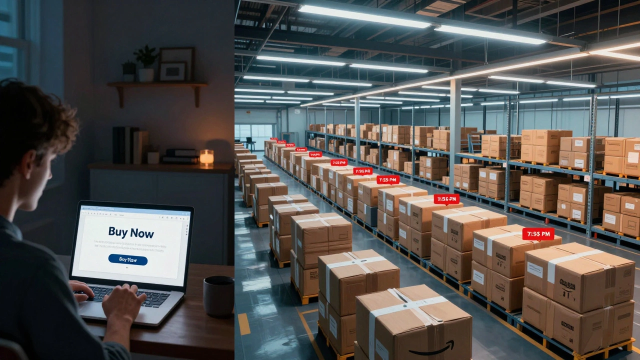 Customer clicking buy online at night while fulfillment center works behind them, time displayed in red.