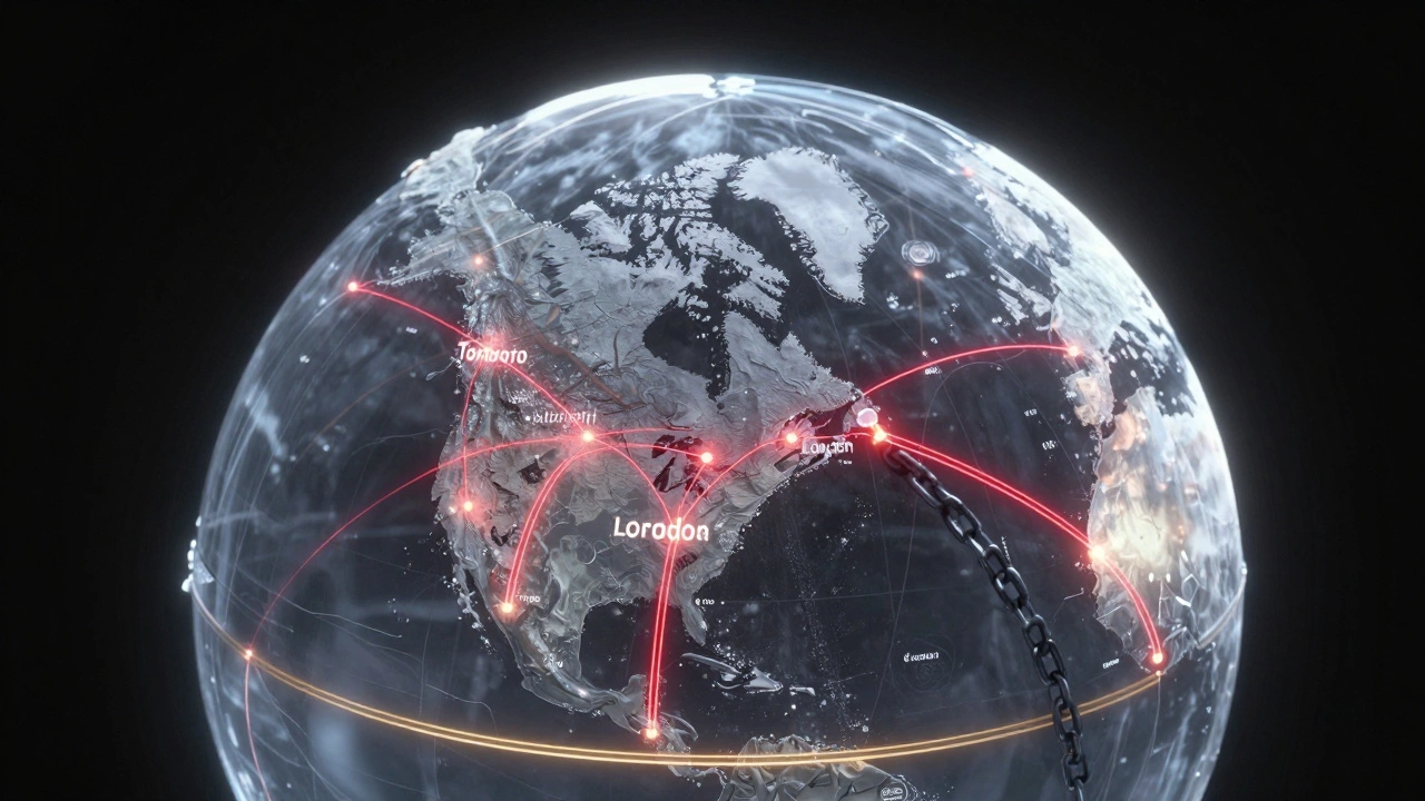 Globe with glowing express routes between major cities and dark chains over remote areas