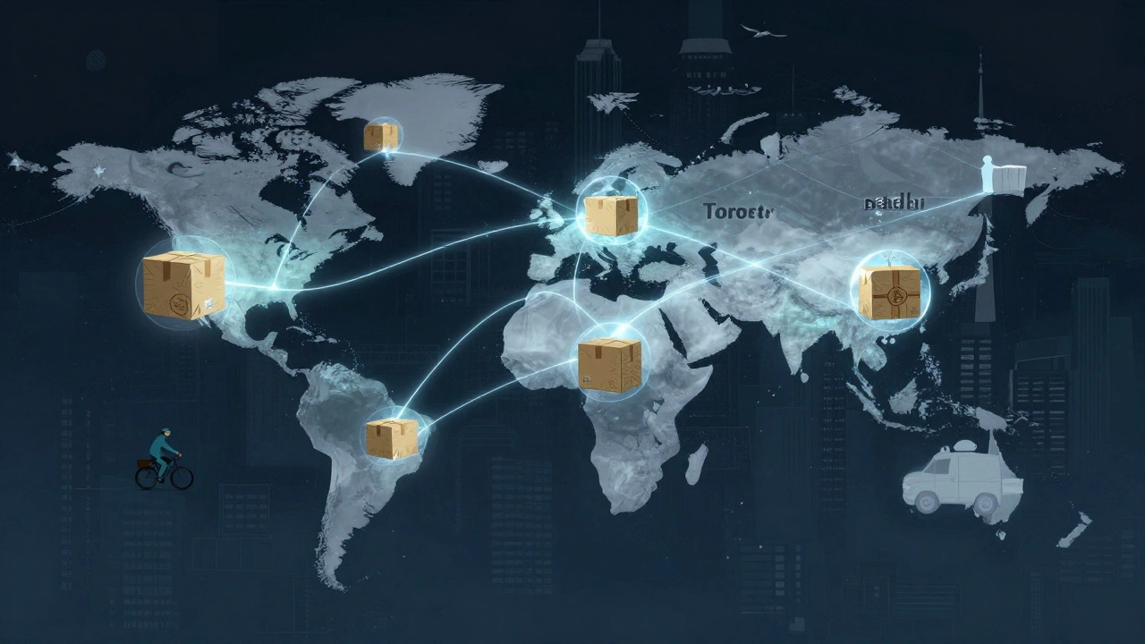 Glowing global network of courier routes connecting cities with protected packages.
