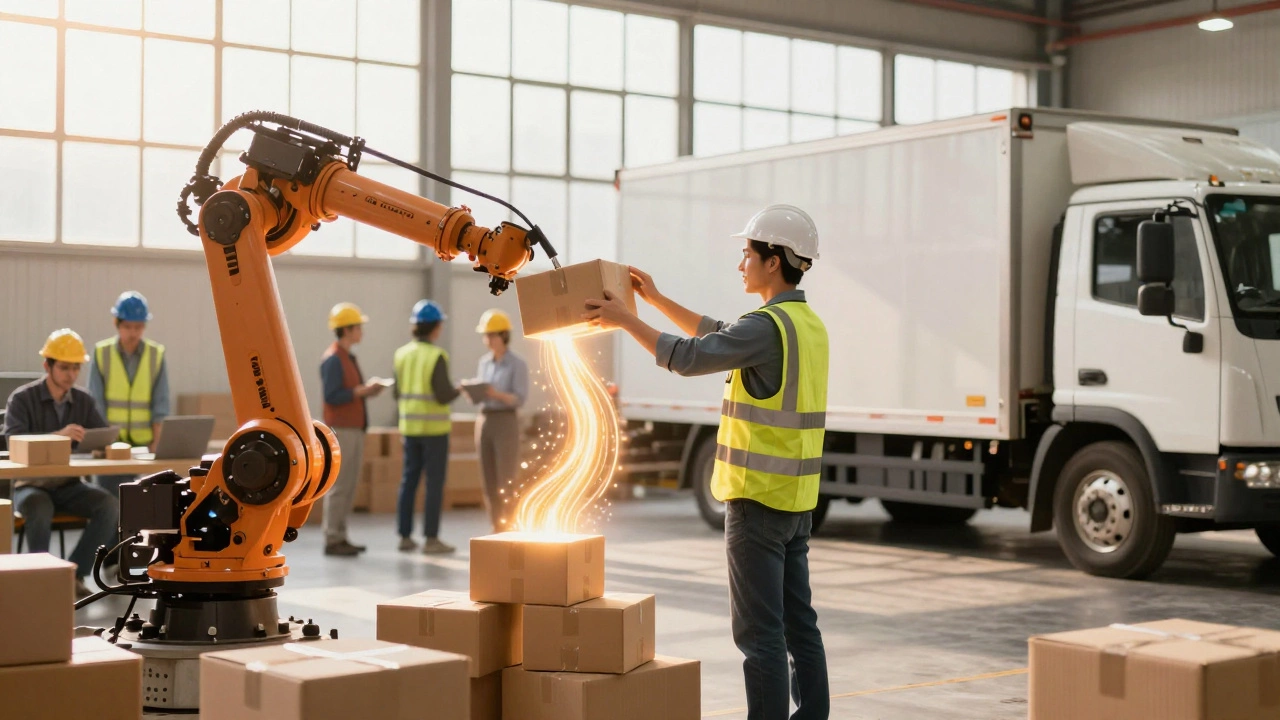 Human worker beside a robot in a warehouse, with packages moving toward a truck, symbolizing teamwork between people and machines.