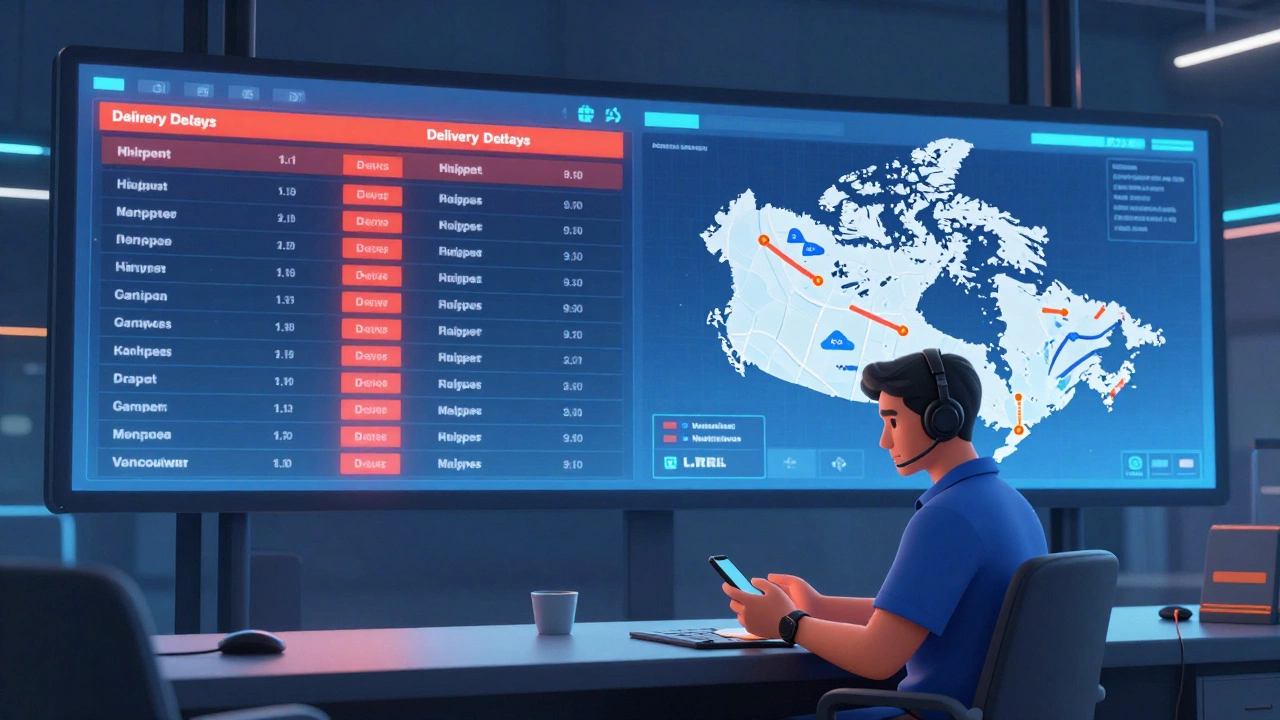 Logistics coordinator monitoring shipment dashboards showing delivery routes across Canada on glowing screens.