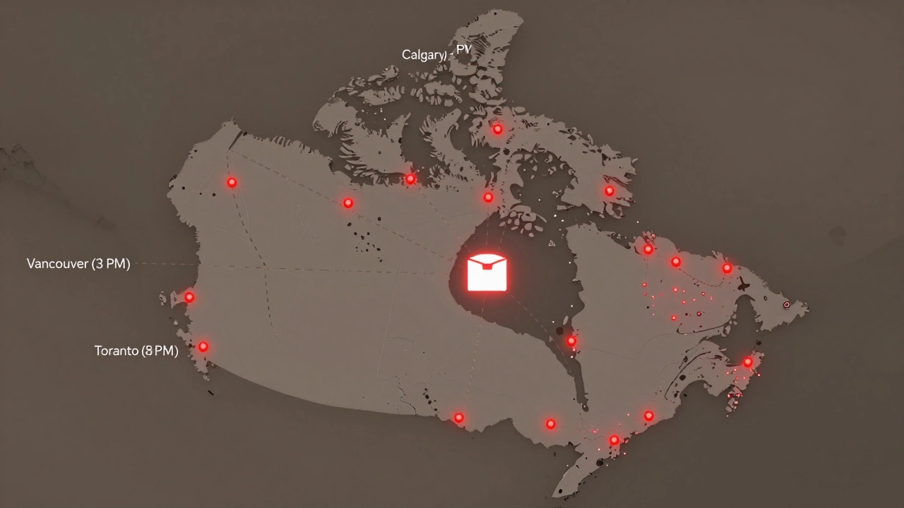 Map of Canada showing different next-day shipping cutoff times in major cities with delivery routes.