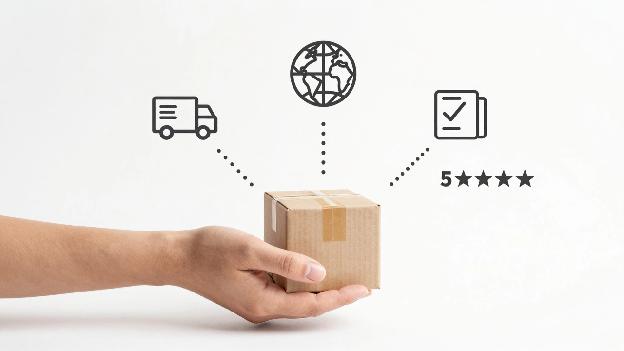 Minimalist visual of e-commerce logistics with package, courier, and tracking icons.