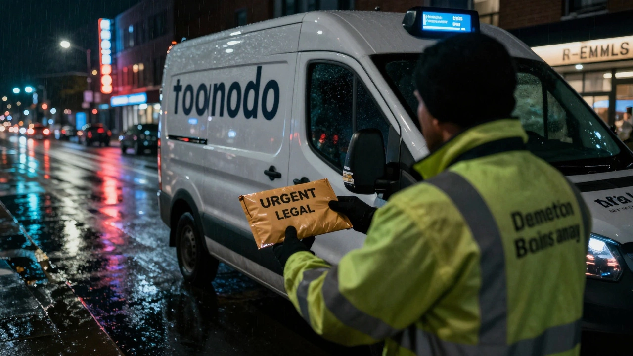 A same-day courier rider speeds through rainy city streets at night with an urgent legal envelope in hand.