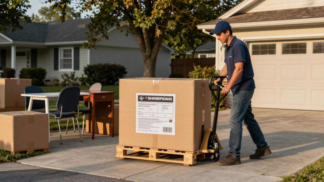 A small business owner unloading a single pallet of furniture using a manual pallet jack at a curb.