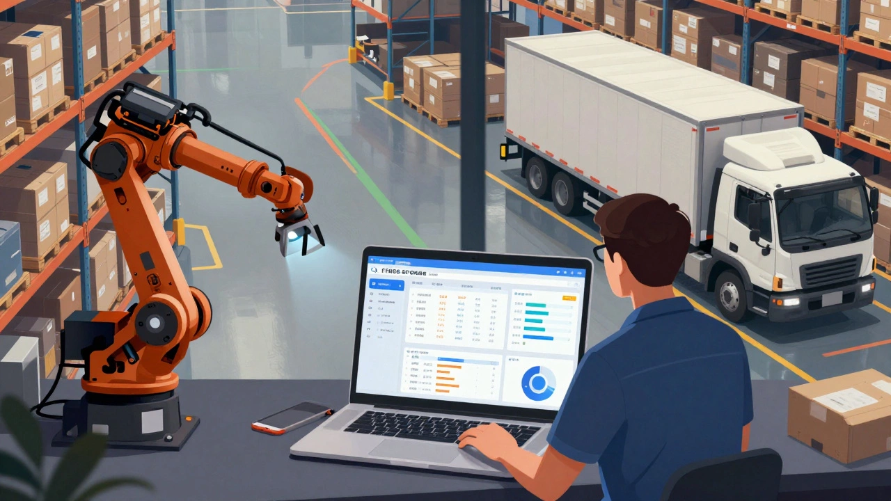 A warehouse manager views real-time analytics as robots and RFID scanners automate inventory handling.