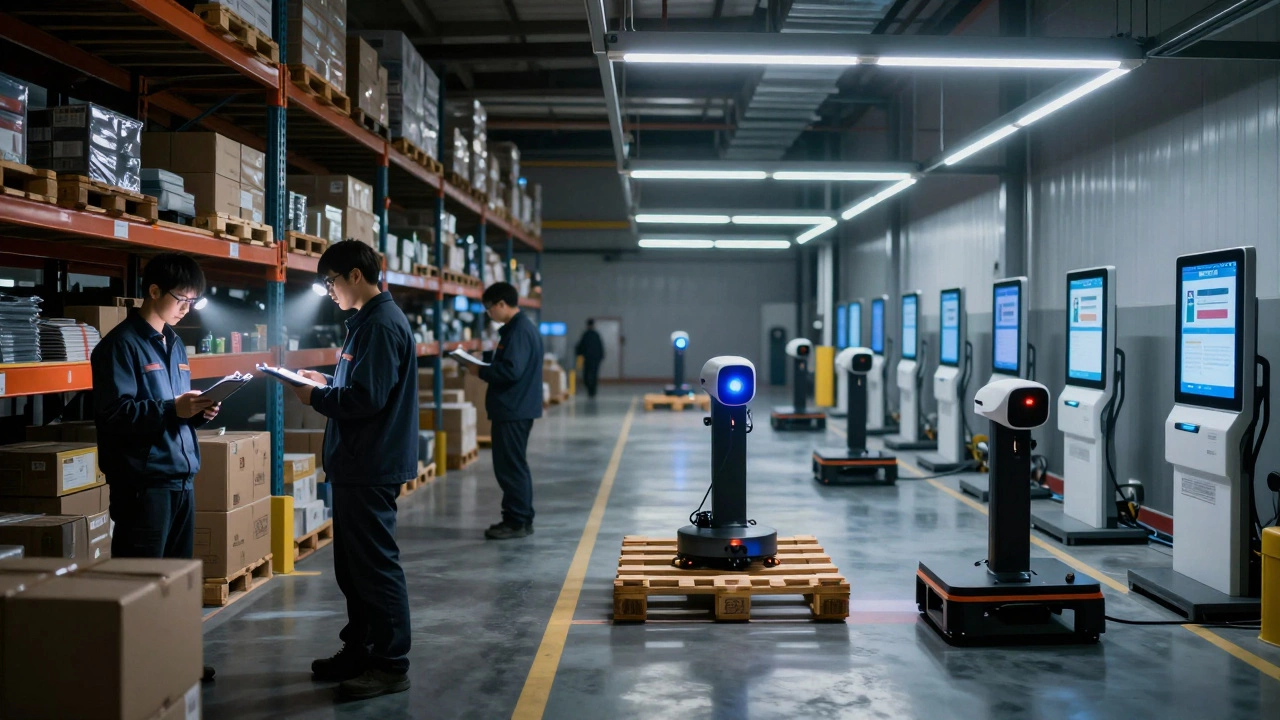 Before-and-after view of a warehouse transitioning from manual labor to automated systems.
