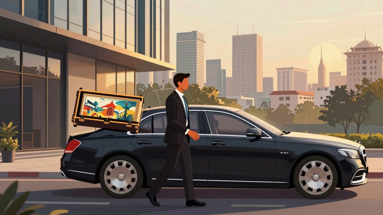 Delhi high-value delivery driver transporting artwork in luxury sedan at golden hour