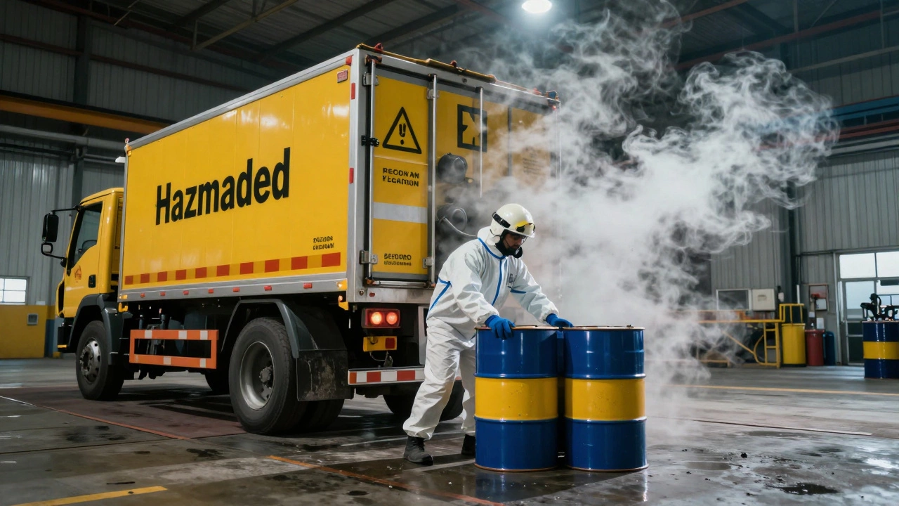 HazMat driver in Chennai handling chemical drums at industrial site with safety gear