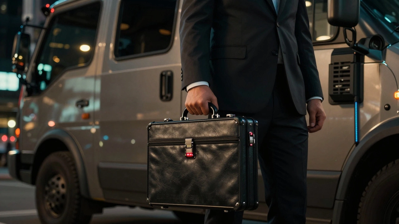 High-value courier standing beside an armored vehicle with a secure briefcase in a city at night.