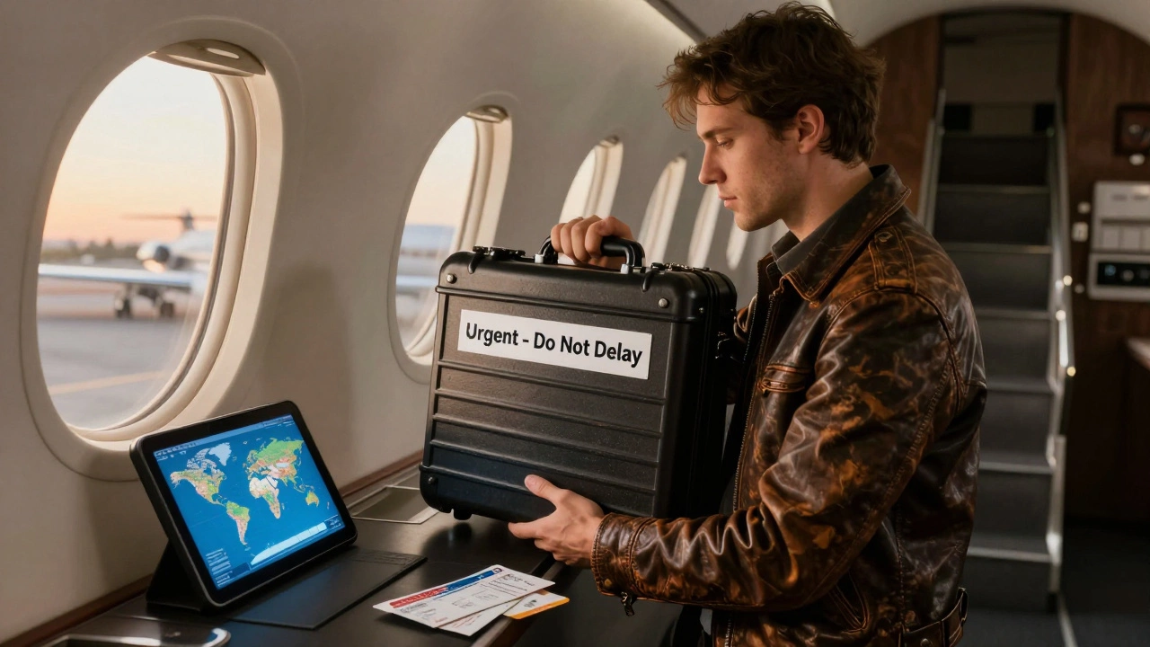International air courier boarding a private jet with an urgent shipment, dawn light behind them.