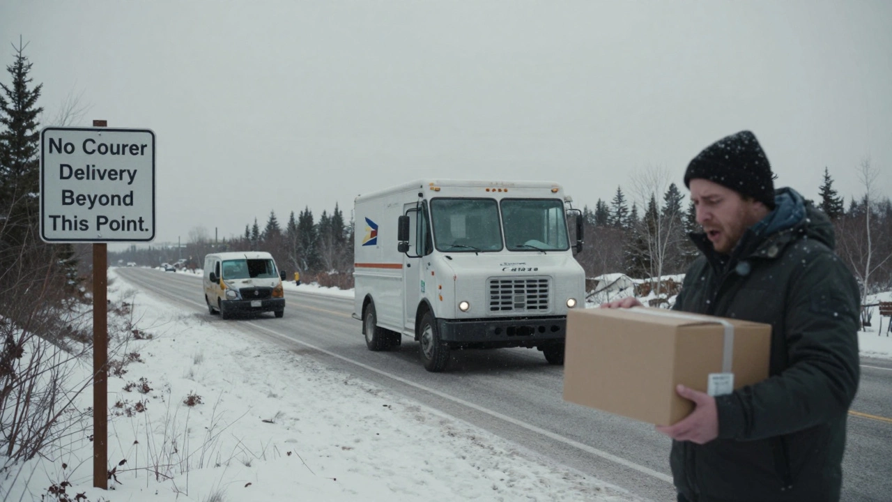 Rural delivery barrier with Canada Post truck and abandoned courier van under snowy sky.